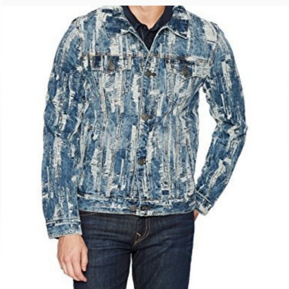 TRUE RELIGION Men's Danny Distressed Ripped Denim Jean Jacket Shredded Large